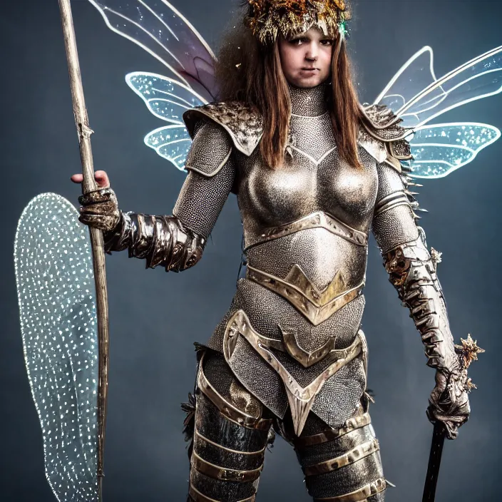 Image similar to full body photo of a fairy warrior wearing sparkly armour, highly detailed, 4 k, hdr, smooth, sharp focus, high resolution, award - winning photo