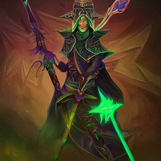 Image similar to illustration of a dark magician wielding an oversized magical staff with green eyes, intricate, elegant, highly detailed, centered, digital painting, artstation, concept art, smooth, sharp focus