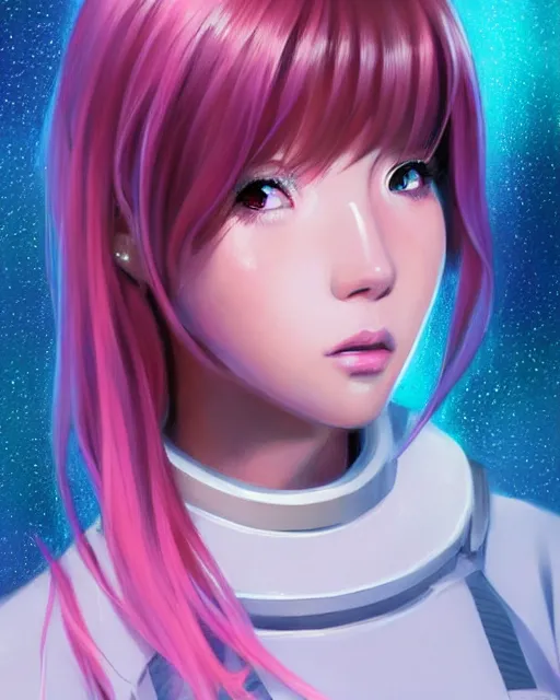 Image similar to portrait Anime space cadet girl Anna Lee Fisher anime cute-fine-face, pretty face, realistic shaded Perfect face, fine details. Anime. realistic shaded lighting by Ilya Kuvshinov Giuseppe Dangelico Pino and Michael Garmash and Rob Rey, IAMAG premiere, aaaa achievement collection, elegant freckles, pink hair, neon hologram, fabulous, daily deviation, annual award winner