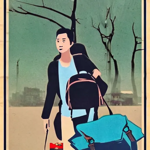 Image similar to 20 year old tourist wearing a backpack walking through hanoi. Vietnamese propaganda poster.