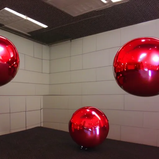 Prompt: chrome spheres on a red cube, godrays