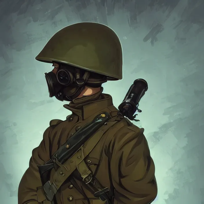 Prompt: portrait of a ww 1 german soldier with gas mask and rifle running towards us, cold dark mood, epic lighting, in the style of artgerm and charlie bowater and atey ghailan and mike mignola, vibrant colors and hard shadows and strong rim light, comic cover art, plain background, trending on artstation