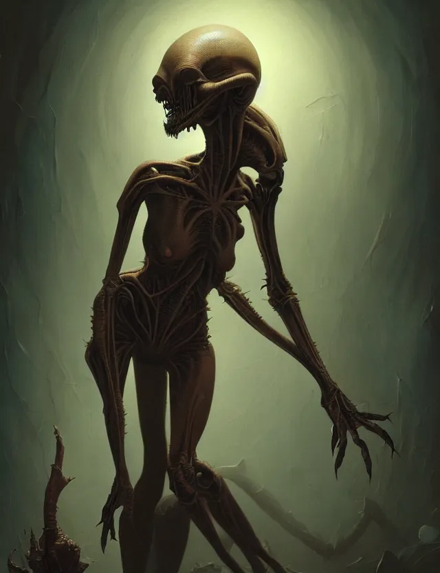 Image similar to ultra realist muted colors horror painting of a dimly lit attractive alien female and hellish creature together, very intricate details, focus, curvy figure, model pose, full frame image, artstyle hiraku tanaka and craig mullins, award winning