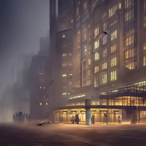 Image similar to modern high end designer restaurant at night in the foggy rain, streetscape, art deco office building above, highly detailed, warm lighting interior, matte painting, large windows, large statue with wings, dramatic lighting, unreal engine, artstation, pastels