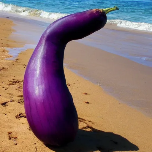 Image similar to huge eggplant sunbathing on the beach among people, photo,