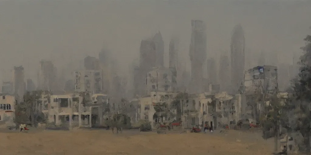 Image similar to In the foreground is a small white house, and in the background is the smoky China City, Stefan Hirsch painting style.