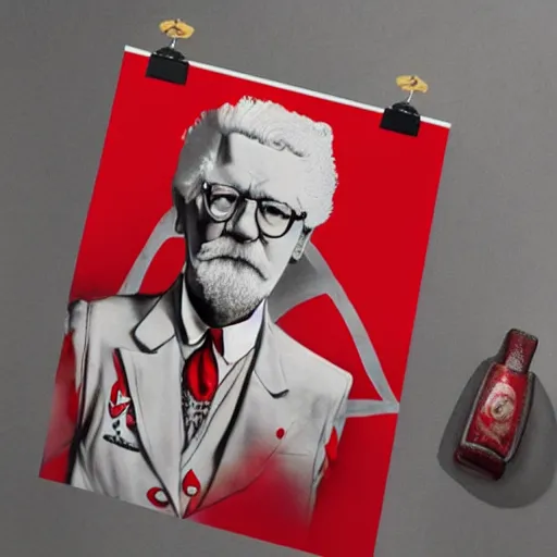 Image similar to Colonel Sanders holding a revolutionary flag, Soviet propaganda style, red back and white, epic detail, poster,