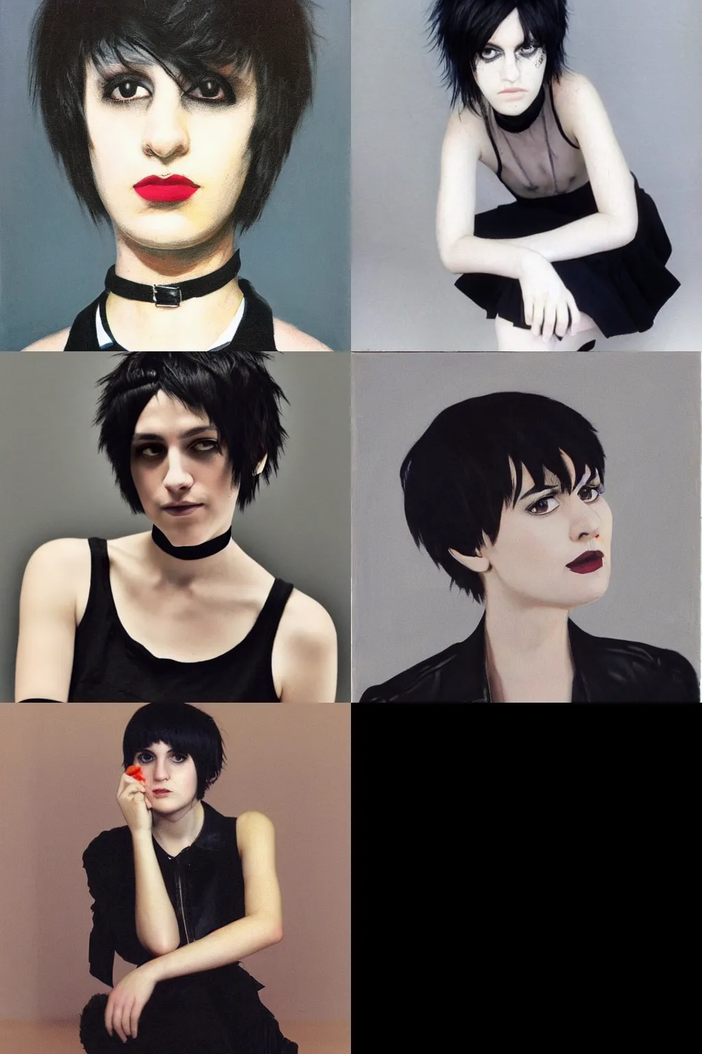 Prompt: an emo portrait by yaacov agam. her hair is dark brown and cut into a short, messy pixie cut. she has a slightly rounded face, with a pointed chin, large entirely - black eyes, and a small nose. she is wearing a black tank top, a black leather jacket, a black knee - length skirt, and a black choker..