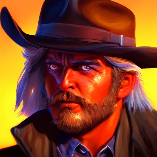 Image similar to Bright, colorful, realistic cowboy rpg single individual headshot dramatic backlighting, kodachrome, high contrast, highly detailed, sharp focus, digital painting, concept art, illustration, trending on artstation, comic book by Alex Ross cover art