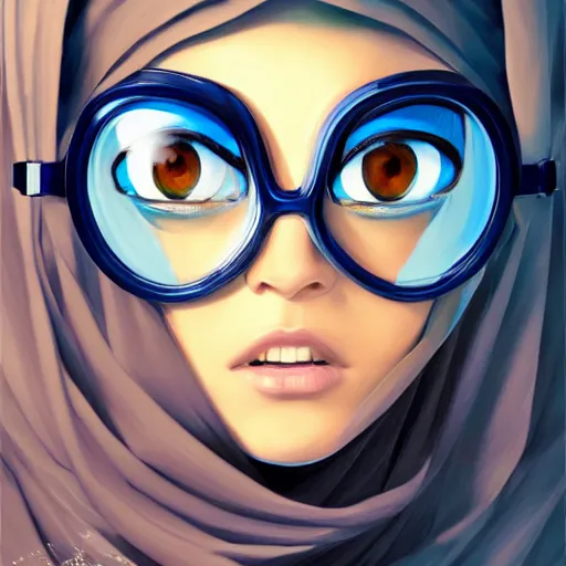 Prompt: Arab Ameera Al taweel, blue eyes, elegant, goggles, sharp focus, beautiful face, Hyper-realistic, Highly Detailed, HD, Dramatic Lighting by Brom, by beeple, studio ghibli, wallpaper, highly detailed, trending on artstation