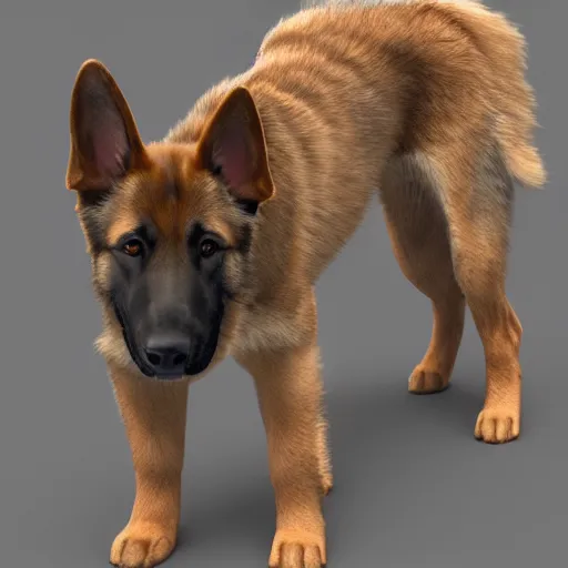 Prompt: 3 d model of a rainbow german shepherd, octane render, raytraced