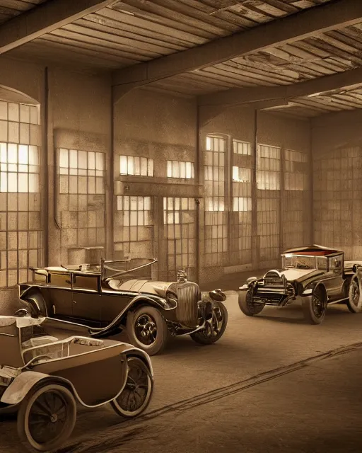 Prompt: interior of historic large factory with luxury cars of 1920s, volumetric lighting, sepia tones, hyper realism, high detail, octane render, high contrast , 8k