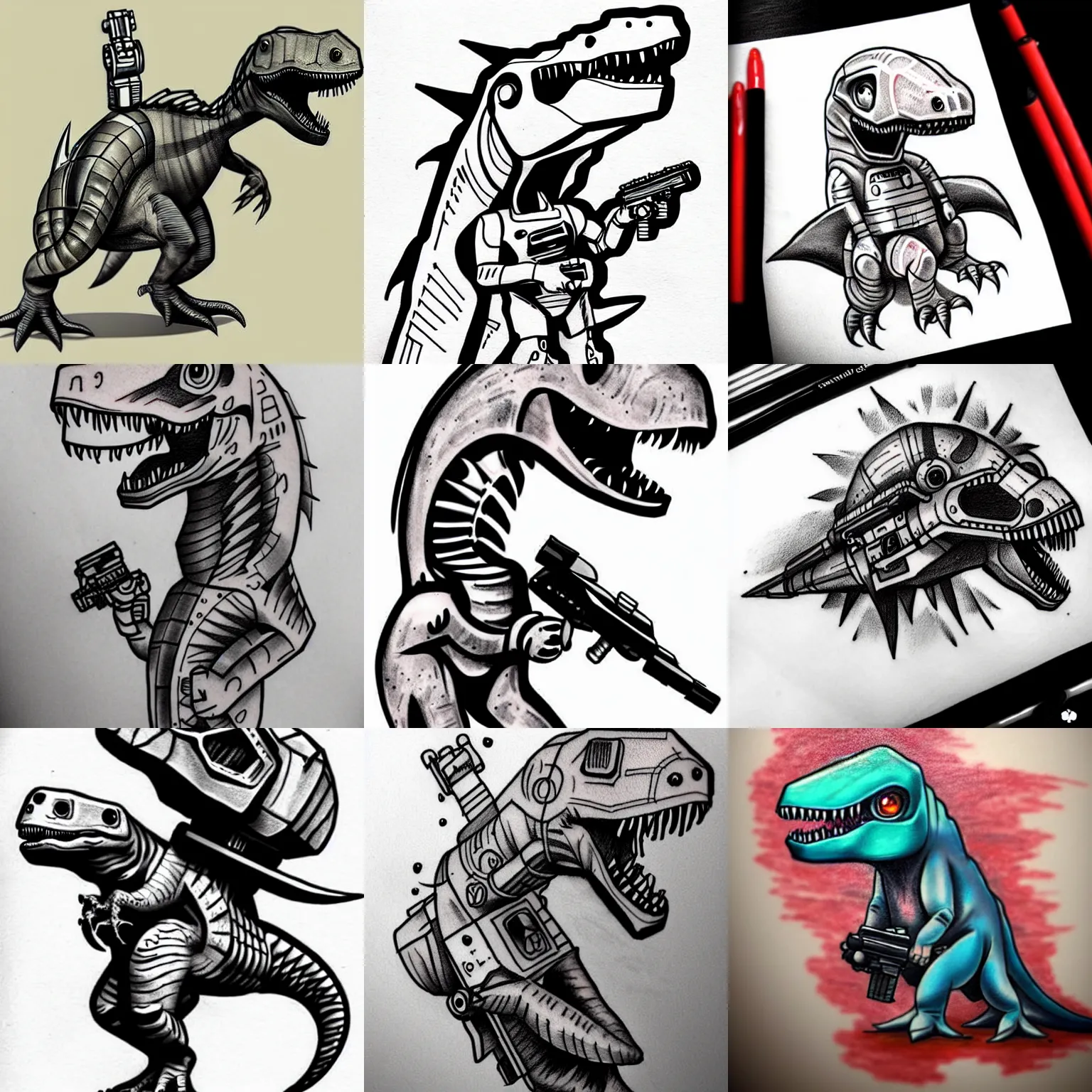 Prompt: tattoo sketch cute dinosaur with blaster gun sci - fi, futuristic, cyberpunk
