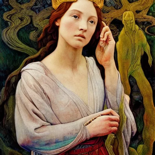 Image similar to princess of the dawn mountains, by annie swynnerton and charlie bowater and diego rivera and nicholas roerich and jean delville and evelyn de morgan, dramatic lighting, brocade robes, elaborate floral ornament, rich colors, smooth sharp focus, extremely detailed