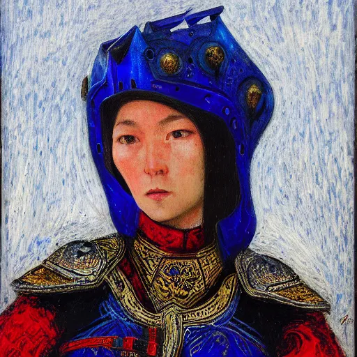 Prompt: head and shoulders portrait of a female knight, kazakh, lorica squamata, baroque, symbolist, tonalist, sfumato, chiaroscuro, luminous, detailed, ravens, edge lighting, etching, palette knife, girih, prussian blue and venetian red, glazing, happy