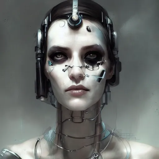 Image similar to a woman with white and black makeup and mechanical parts on her face, cyberpunk art by bastien lecouffe - deharme, trending on cgsociety, fantasy art, artstation hd, artstation hq, zbrush,