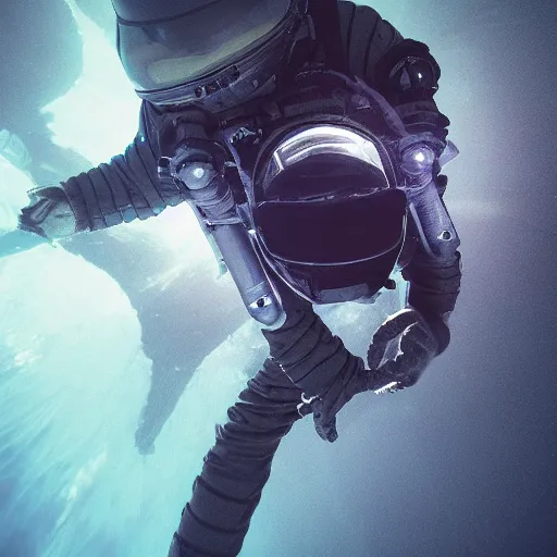 Image similar to concept art diver astronaut in underwater futuristic dark and empty spaceship. infrared complex and hyperdetailed technical suit design. meka helmet. reflection and dispersion materials rays and dispersion of light breaking through the deep water. 3 5 mm, f / 3 2. noise film photo. flash photography. trend artstation