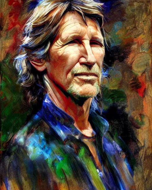 Prompt: roger waters, psychedelic plein air portrait painting by richard schmid, thomas moran, john william waterhouse, studio ghibli, donato giancola,