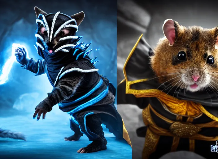 Image similar to hamster dressed as sub zero fights a cat dressed as scorpion in mortal kombat on the background of a laughing shao khan. fantasy magic style. highly detailed 8 k. intricate. lifelike. soft light. sony a 7 r iv 5 5 mm. unreal engine with nanite and path tracing