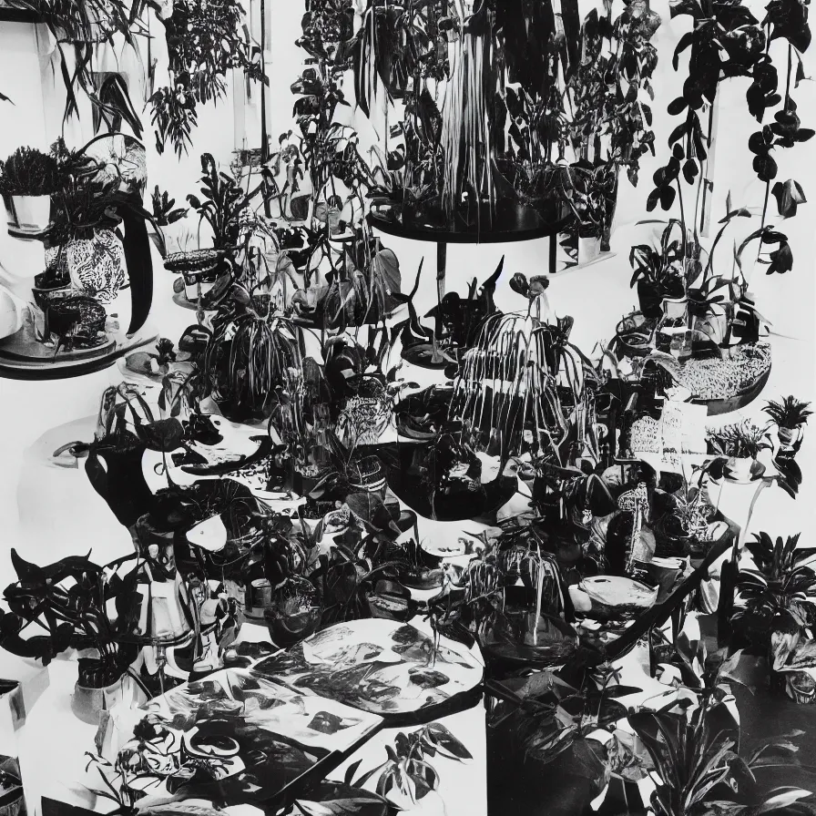 Prompt: A black and white photography of an exhibition space with objects of Sun Ra, Marcel Duchamp and tropical plants, 60s, offset lithography print, close up shot