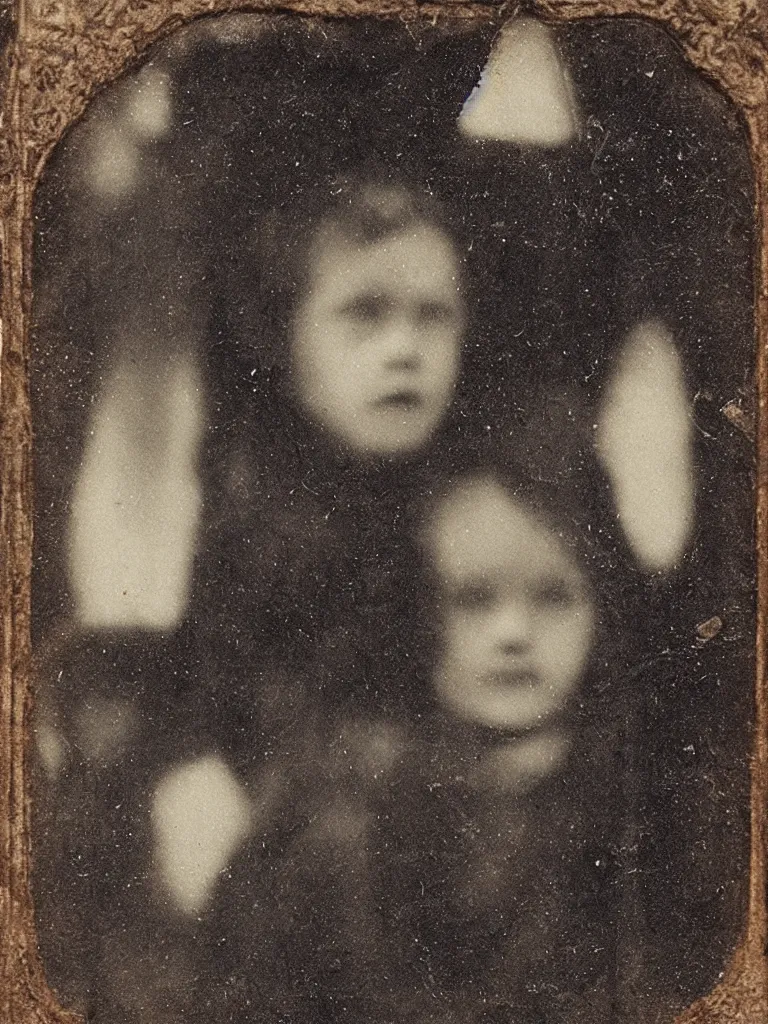 Image similar to found tintype photograph. a ghost's face in a tudor house window