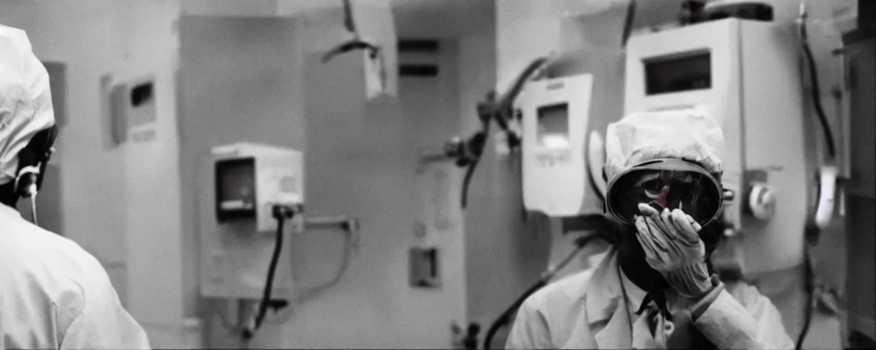 Prompt: a color 3 5 mm film photograph closeup of a startled scientist wearing surgical mask startled by a scary mysterious sound coming from the intercom system in a top secret lab