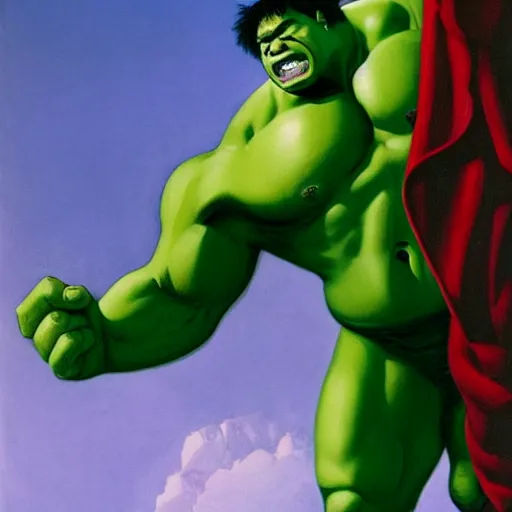 Prompt: the incredible-hulk is feeling weak by Raphael, Hopper, and Rene Magritte. detailed, romantic, enchanting, trending on artstation.