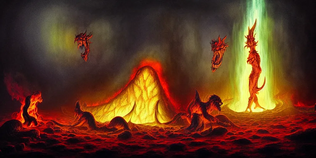 Prompt: mythical creatures and monsters at the mouth of hell, dramatic lighting glow from giant fire, in a dark surreal painting by ronny khalil