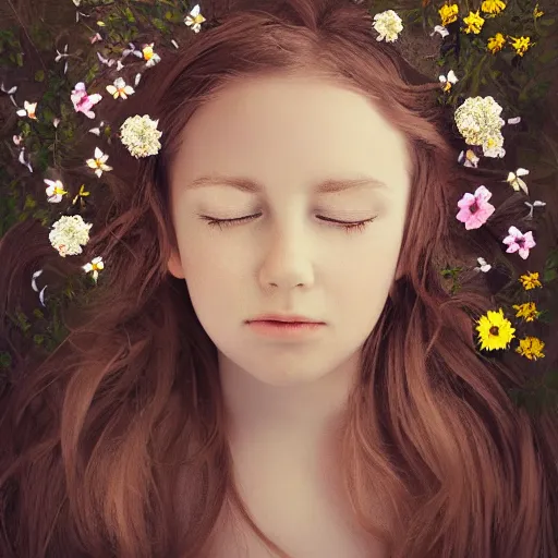 Prompt: girl looking up with flowers sprouting from her face, ethereal illustration