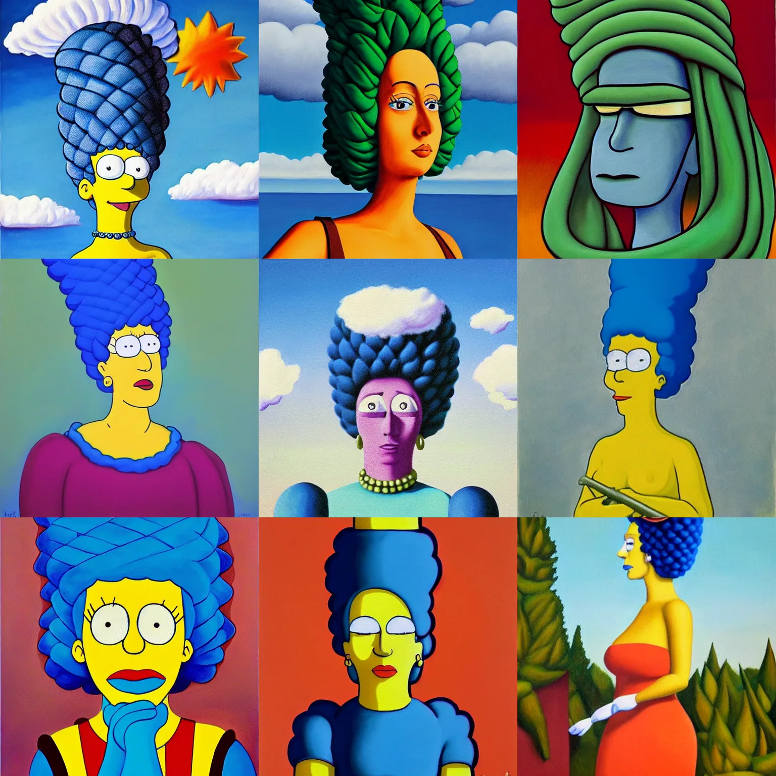 Prompt: beautiful painting of Marge Simpson in the style of René Magritte, clouds, rain, leaves