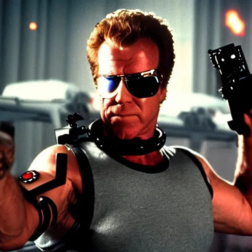 Image similar to will ferrell starring as the terminator, movie still, 8 k