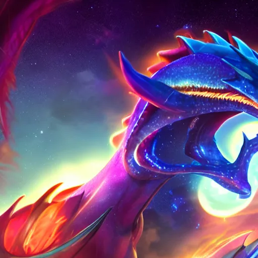 Image similar to aurelion sol dragon in the cosmos staring at the viewer, ultra realistic 4 k render with ray tracing