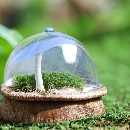 Prompt: a tiny domed greenhouse on top of a mushroom, high detail