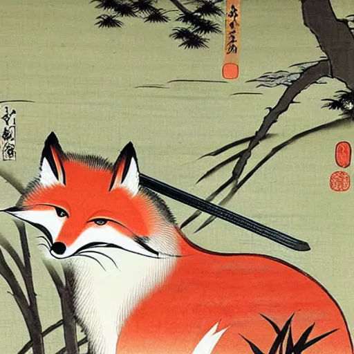 Image similar to samurai fox with a katana. sakura forest in the background. old japanese painting. fresco