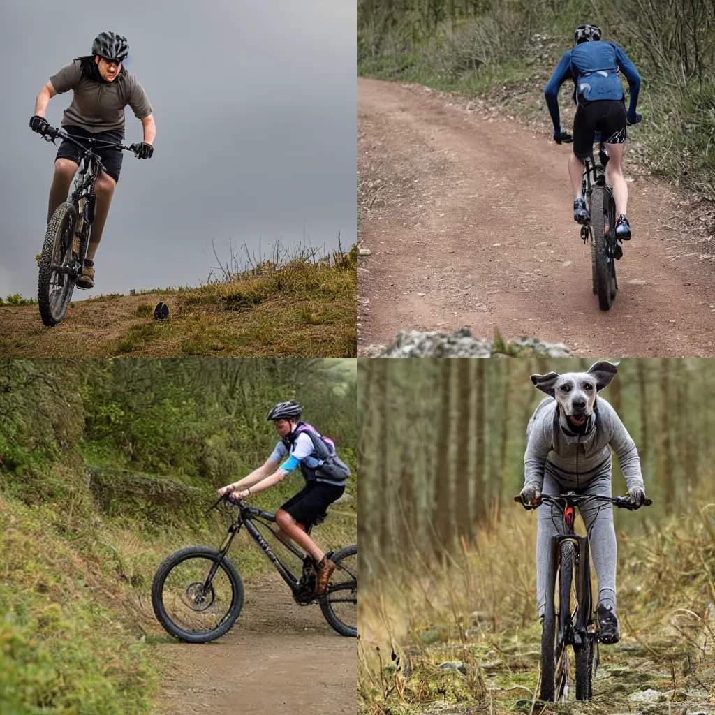 Prompt: anthropomorphised grey hound riding a mountain bike