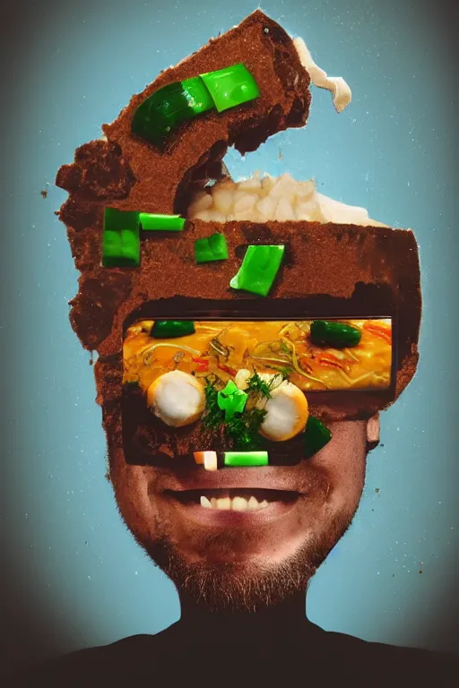 Image similar to 📷 jacksepticeye head out of soup, made of food, head portrait, dynamic lighting, 4 k