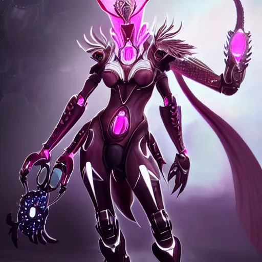 Image similar to highly detailed exquisite fanart, of a beautiful female warframe, but as an anthropomorphic robot female dragon, glowing eyes, off-white plated armor, bright Fuchsia skin, sharp claws, royal elegant pose, close full body and head shot, epic cinematic shot, realistic, professional digital art, high end digital art, sci fi, DeviantArt, artstation, Furaffinity, 8k HD render, epic lighting, depth of field