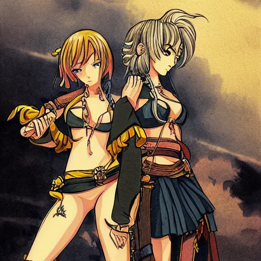 Image similar to a scene of a stare down between two beautiful female pirates, detailed anime art