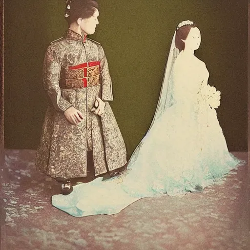 Prompt: A Russian and Japanese mix historical fantasy of a photograph taken of the royal wedding floral covered isle inspired by a enchanted ethereal forest, 1907 photo from the official wedding photographer for the royal wedding.