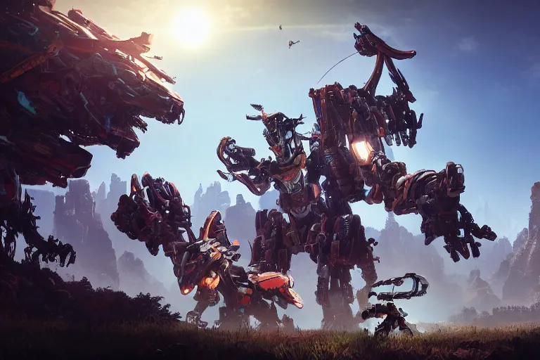 Image similar to thunderjaw machine mecha animal beast robot of horizon forbidden west horizon zero dawn bioluminiscence global illumination ray tracing hdr fanart arstation by sung choi and eric pfeiffer and gabriel garza and casper konefal