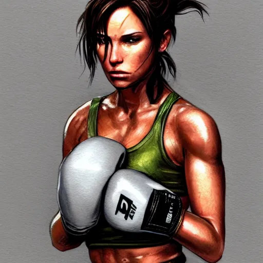 Image similar to Portrait of Tomb Raider wearing boxing gloves, intricate upper body , whole body, highly detailed, digital painting, artstation, concept art, smooth, sharp focus, illustration, art by Hajime Sorayama