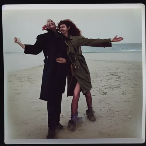 Image similar to 9 0 s polaroid photograph of a man and woman both wearing trenchcoats at night, dancing together on a beach during cloudy weather, vignette