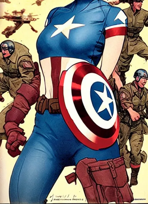 Prompt: beautiful female captain america standing on a pile of defeated, beaten and broken german soldiers. feminist captain america wins wwii. american wwii propaganda poster by james gurney and pixar. gorgeous face. overwatch.