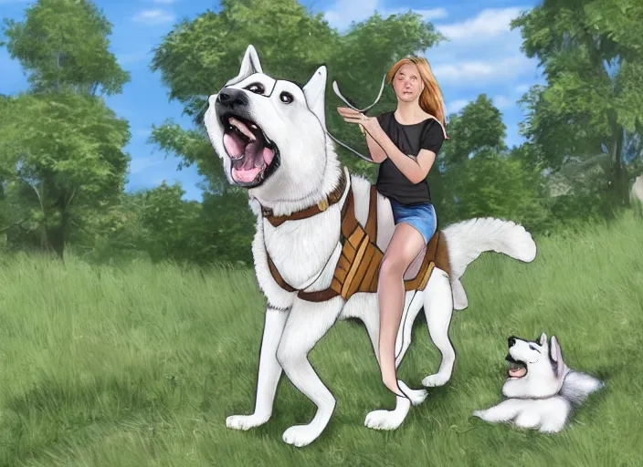 Prompt: A girl riding a giant husky dog in a park, detailed digital art