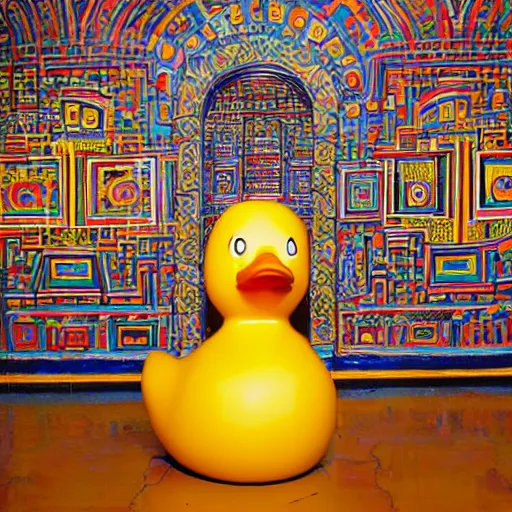 Prompt: wide shot, one! photorealistic rubber duck in foreground on a pedestal in an cavernous museum, the walls are covered floor to ceiling with colorful geometric tessellated wall paintings in the style of sol lewitt, tall arched stone doorways, through the doorways are more mural paintings in the style of sol lewitt.