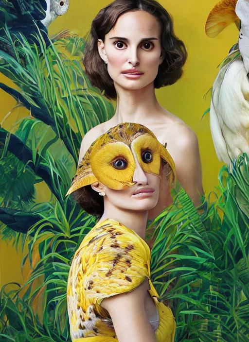 Image similar to Award winning head to shoulder portrait photograph of an elegant top model that looks like natalie portman wearing a yellow kimono with a very detailed barn owl on her shoulder!!! in a tropical greenhouse. looking at the camera!!. super resolution. Extremely detailed. art by Rineke Dijkstra.