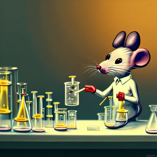 Image similar to anthropomorphic mouse performing a chemistry experiment, in a cluttered lab, lots of beakers, illustration, cyberpunk, sci - fi fantasy, intricate, elegant, highly detailed, digital painting, pastel colors, artstation, concept art