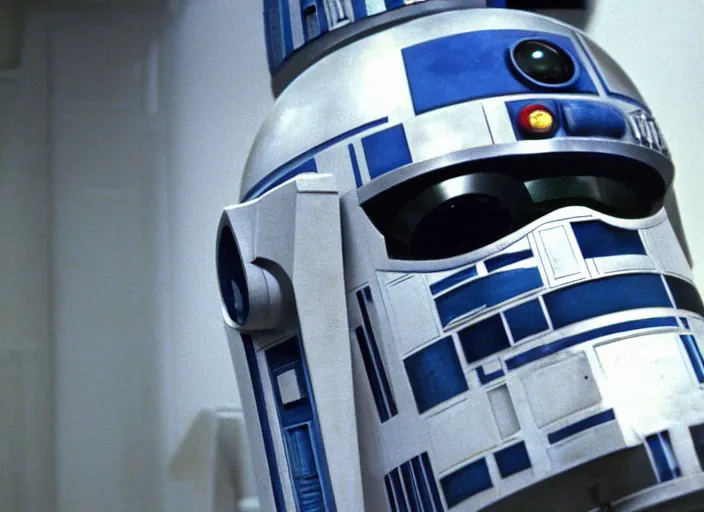 Image similar to screenshot of R2-D2 droid head mixed with an AT-AT hybrid, scene from the empire strikes back, 1980s film directed by Stanley Kubrick, cinematic lighting, kodak stock, hyper real, stunning moody cinematography, with anamorphic lenses, crisp, detailed portrait, 4k image