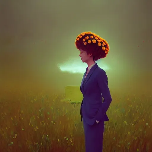 Image similar to giant daisy flower head, frontal, girl in a suit, surreal photography, sunrise, dramatic light, impressionist painting, digital painting, artstation, simon stalenhag