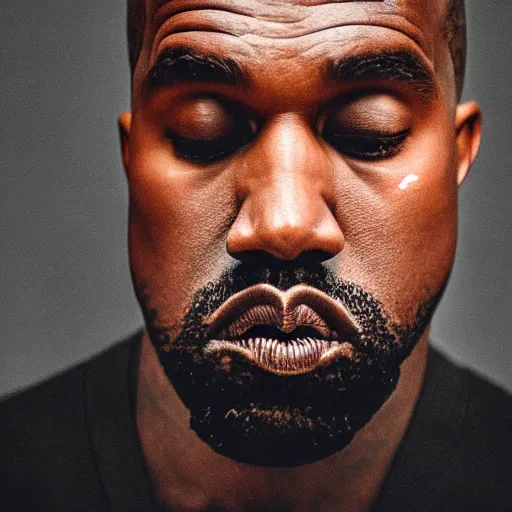 Image similar to the face of kanye west wearing yeezy clothing at 4 0 years old, portrait by julia cameron, chiaroscuro lighting, shallow depth of field, 8 0 mm, f 1. 8